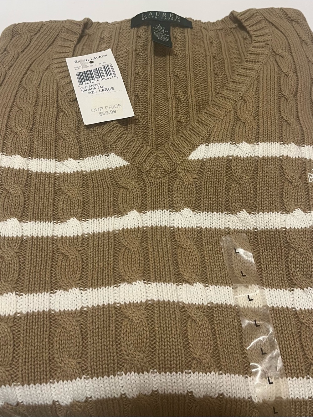 Ralph Lauren V-Neck Cable Knit Sweater in Tan and White Stripes